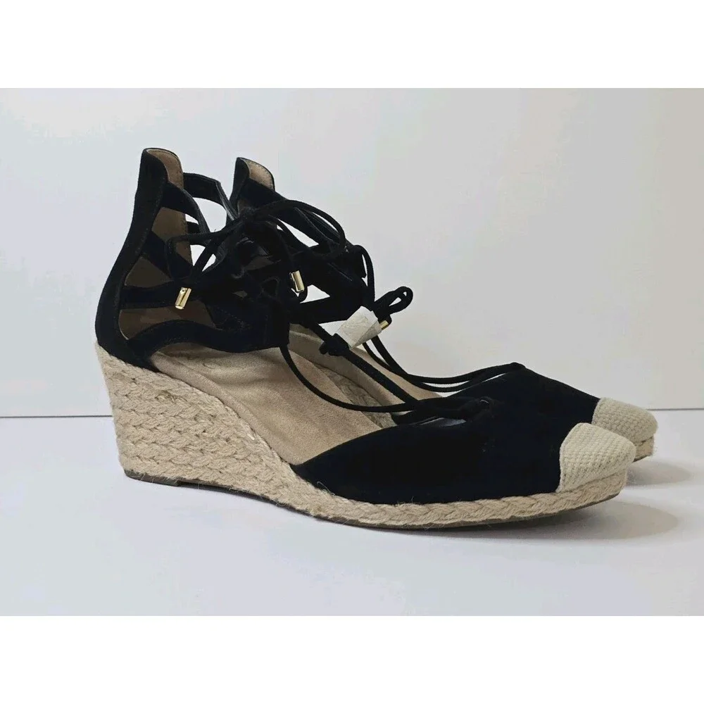 Vionic Calypso Espadrille Wedge Sandals Black Suede Lace Up Women's Size 11